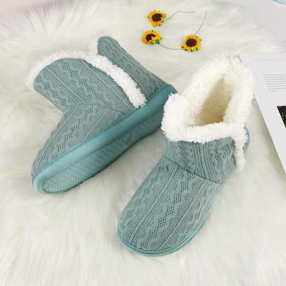 Women's Light Green Winter Warm Fluffy Fur Lined Plush Bootie Slippers Shoes - Picture 6 of 7